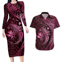 Aloha Hawaii Hammerhead Shark Couples Matching Long Sleeve Bodycon Dress and Hawaiian Shirt Pink Kakau and Polynesian Tattoo LT03