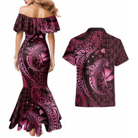 Aloha Hawaii Hammerhead Shark Couples Matching Mermaid Dress and Hawaiian Shirt Pink Kakau and Polynesian Tattoo LT03
