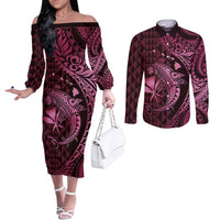 Aloha Hawaii Hammerhead Shark Couples Matching Off The Shoulder Long Sleeve Dress and Long Sleeve Button Shirt Pink Kakau and Polynesian Tattoo LT03