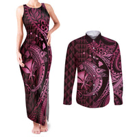 Aloha Hawaii Hammerhead Shark Couples Matching Tank Maxi Dress and Long Sleeve Button Shirt Pink Kakau and Polynesian Tattoo LT03