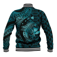 Aloha Hawaii Hammerhead Shark Baseball Jacket Turquoise Kakau and Polynesian Tattoo LT03