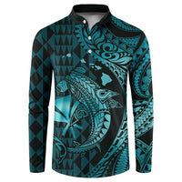 Aloha Hawaii Hammerhead Shark Button Sweatshirt Turquoise Kakau and Polynesian Tattoo LT03