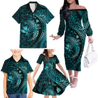 Aloha Hawaii Hammerhead Shark Family Matching Off The Shoulder Long Sleeve Dress and Hawaiian Shirt Turquoise Kakau and Polynesian Tattoo LT03