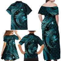 Aloha Hawaii Hammerhead Shark Family Matching Off Shoulder Maxi Dress and Hawaiian Shirt Turquoise Kakau and Polynesian Tattoo LT03