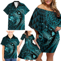 Aloha Hawaii Hammerhead Shark Family Matching Off Shoulder Short Dress and Hawaiian Shirt Turquoise Kakau and Polynesian Tattoo LT03