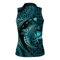 Aloha Hawaii Hammerhead Shark Women Sleeveless Polo Shirt Turquoise Kakau and Polynesian Tattoo LT03