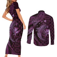 Aloha Hawaii Hammerhead Shark Couples Matching Short Sleeve Bodycon Dress and Long Sleeve Button Shirt Purple Kakau and Polynesian Tattoo LT03