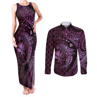 Aloha Hawaii Hammerhead Shark Couples Matching Tank Maxi Dress and Long Sleeve Button Shirt Purple Kakau and Polynesian Tattoo LT03