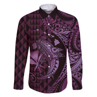 Aloha Hawaii Hammerhead Shark Family Matching Off The Shoulder Long Sleeve Dress and Hawaiian Shirt Purple Kakau and Polynesian Tattoo LT03