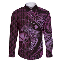 Aloha Hawaii Hammerhead Shark Family Matching Summer Maxi Dress and Hawaiian Shirt Purple Kakau and Polynesian Tattoo LT03 Dad's Shirt - Long Sleeve Purple - Polynesian Pride