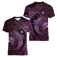 Aloha Hawaii Hammerhead Shark Women V-Neck T-Shirt Purple Kakau and Polynesian Tattoo LT03 - Polynesian Pride