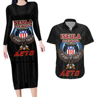 American Samoa Fautasi Couples Matching Long Sleeve Bodycon Dress and Hawaiian Shirt Pago Pago Aeto and Iseula o le Moana of Fagatogo Black Color - Polynesian Pride