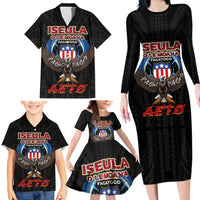 American Samoa Fautasi Family Matching Long Sleeve Bodycon Dress and Hawaiian Shirt Pago Pago Aeto and Iseula o le Moana of Fagatogo Black Color - Polynesian Pride