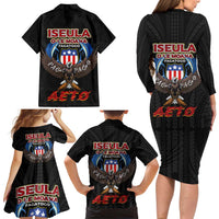 American Samoa Fautasi Family Matching Long Sleeve Bodycon Dress and Hawaiian Shirt Pago Pago Aeto and Iseula o le Moana of Fagatogo Black Color - Polynesian Pride