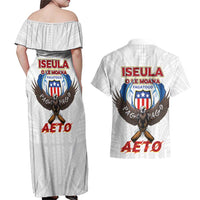American Samoa Fautasi Couples Matching Off Shoulder Maxi Dress and Hawaiian Shirt Pago Pago Aeto and Iseula o le Moana of Fagatogo White Color - Polynesian Pride
