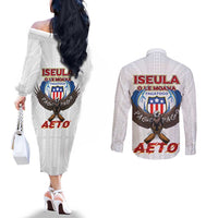American Samoa Fautasi Couples Matching Off The Shoulder Long Sleeve Dress and Long Sleeve Button Shirt Pago Pago Aeto and Iseula o le Moana of Fagatogo White Color - Polynesian Pride