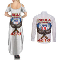 American Samoa Fautasi Couples Matching Summer Maxi Dress and Long Sleeve Button Shirt Pago Pago Aeto and Iseula o le Moana of Fagatogo White Color - Polynesian Pride