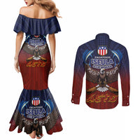 American Samoa Fautasi Couples Matching Mermaid Dress and Long Sleeve Button Shirt Pago Pago Aeto and Iseula o le Moana of Fagatogo Red-Blue - Polynesian Pride