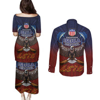 American Samoa Fautasi Couples Matching Puletasi and Long Sleeve Button Shirt Pago Pago Aeto and Iseula o le Moana of Fagatogo Red-Blue - Polynesian Pride