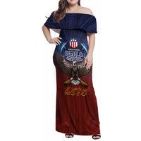 American Samoa Fautasi Family Matching Off Shoulder Maxi Dress and Hawaiian Shirt Pago Pago Aeto and Iseula o le Moana of Fagatogo Red-Blue - Polynesian Pride