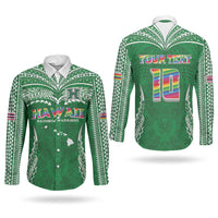 Custom Hawaii Rainbow Warriors Couples Matching Off Shoulder Short Dress and Long Sleeve Button Shirt Polynesian Motif Green Color