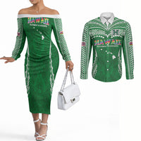 Custom Hawaii Rainbow Warriors Couples Matching Off The Shoulder Long Sleeve Dress and Long Sleeve Button Shirt Polynesian Motif Green Color