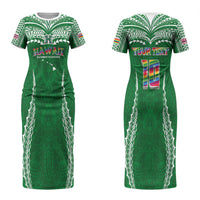 Custom Hawaii Rainbow Warriors Couples Matching Short Sleeve Bodycon Dress and Hawaiian Shirt Polynesian Motif Green Color
