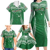 Custom Hawaii Rainbow Warriors Family Matching Long Sleeve Bodycon Dress and Hawaiian Shirt Polynesian Motif Green Color