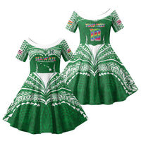 Custom Hawaii Rainbow Warriors Family Matching Off The Shoulder Long Sleeve Dress and Hawaiian Shirt Polynesian Motif Green Color