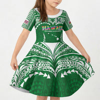 Custom Hawaii Rainbow Warriors Kid Short Sleeve Dress Polynesian Motif Green Color
