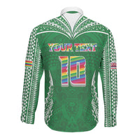 Custom Hawaii Rainbow Warriors Long Sleeve Button Shirt Polynesian Motif Green Color