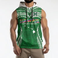 Custom Hawaii Rainbow Warriors Sleeveless Hoodie Polynesian Motif Green Color
