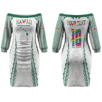 Custom Hawaii Rainbow Warriors Couples Matching Off The Shoulder Long Sleeve Dress and Hawaiian Shirt Polynesian Motif White Color