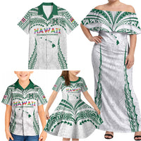 Custom Hawaii Rainbow Warriors Family Matching Off Shoulder Maxi Dress and Hawaiian Shirt Polynesian Motif White Color