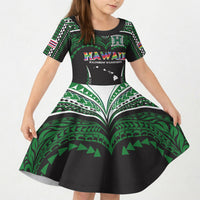 Custom Hawaii Rainbow Warriors Kid Short Sleeve Dress Polynesian Motif Black Color