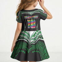 Custom Hawaii Rainbow Warriors Kid Short Sleeve Dress Polynesian Motif Black Color