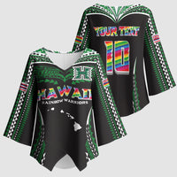 Custom Hawaii Rainbow Warriors Kimono Sleeve Blouse Polynesian Motif Black Color