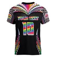Custom Hawaii Rainbow Warriors Women V-Neck T-Shirt Polynesian Motif Special Edition Rainbow Gradient