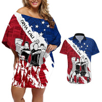 Samoa Rugby Couples Matching Off Shoulder Short Dress and Hawaiian Shirt Siva Tau Dance Polynesian Tattoo Brush Style LT03 Red - Polynesian Pride