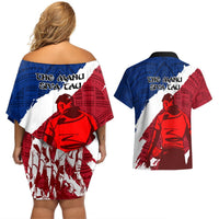 Samoa Rugby Couples Matching Off Shoulder Short Dress and Hawaiian Shirt Siva Tau Dance Polynesian Tattoo Brush Style LT03 - Polynesian Pride