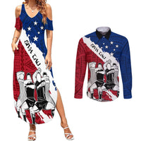 Samoa Rugby Couples Matching Summer Maxi Dress and Long Sleeve Button Shirts Siva Tau Dance Polynesian Tattoo Brush Style LT03 Red - Polynesian Pride