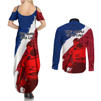 Samoa Rugby Couples Matching Summer Maxi Dress and Long Sleeve Button Shirts Siva Tau Dance Polynesian Tattoo Brush Style LT03 - Polynesian Pride