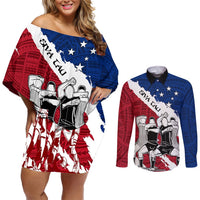 Custom Samoa Rugby Couples Matching Off Shoulder Short Dress and Long Sleeve Button Shirts Siva Tau Dance Polynesian Tattoo Brush Style LT03 Red - Polynesian Pride