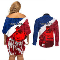 Custom Samoa Rugby Couples Matching Off Shoulder Short Dress and Long Sleeve Button Shirts Siva Tau Dance Polynesian Tattoo Brush Style LT03 - Polynesian Pride
