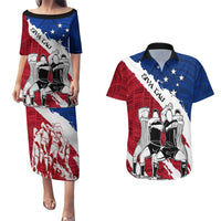 Custom Samoa Rugby Couples Matching Puletasi Dress and Hawaiian Shirt Siva Tau Dance Polynesian Tattoo Brush Style LT03 Red - Polynesian Pride