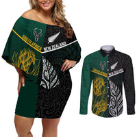 South Africa and New Zealand Couples Matching Off Shoulder Short Dress and Long Sleeve Button Shirt King Protea and Silver Fern Mix Culture Pattern LT03 Black - Polynesian Pride