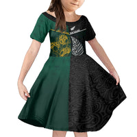South Africa and New Zealand Kid Short Sleeve Dress King Protea and Silver Fern Mix Culture Pattern LT03 KID Black - Polynesian Pride