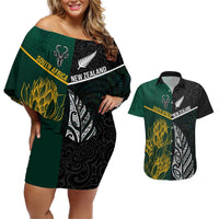 Personalised South Africa and New Zealand Couples Matching Off Shoulder Short Dress and Hawaiian Shirt King Protea and Silver Fern Mix Culture Pattern LT03 Black - Polynesian Pride