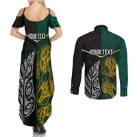 Personalised South Africa and New Zealand Couples Matching Summer Maxi Dress and Long Sleeve Button Shirt King Protea and Silver Fern Mix Culture Pattern LT03 - Polynesian Pride