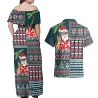 Hawaii Mele Kalikimaka Couples Matching Off Shoulder Maxi Dress and Hawaiian Shirt Aloha and Christmas Elements Patchwork Turquoise Style LT03 - Polynesian Pride